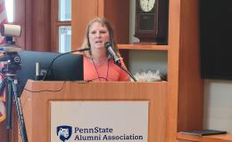 Barbara Rigg, SSRI's Admin Director, addresses the group about SSRI Staff Awards.