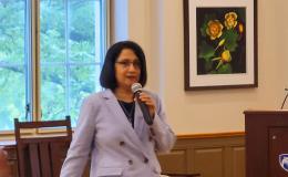 Penn State President Bendapudi talks to the group.