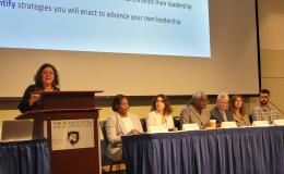 Zoubeida Ounaies holds a panel discussion with researchers.