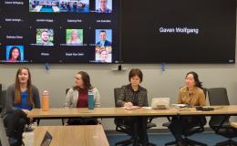 Four women, Jessica Thompson, Kathyrn Risher, Corina Graif, and Thoa Khuu, sit at a table to discuss NIH K awards.