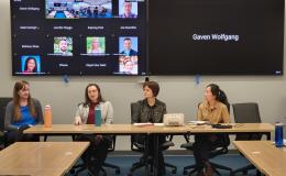 Four women, Jessica Thompson, Kathyrn Risher, Corina Graif, and Thoa Khuu, sit at a table to discuss NIH K awards.