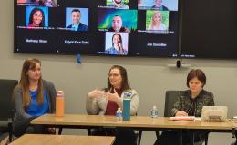 Four women, Jessica Thompson, Kathyrn Risher, Corina Graif, and Thoa Khuu, sit at a table to discuss NIH K awards.