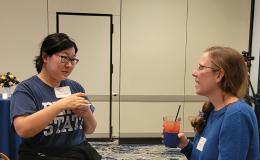 SSRI co-funds Sujeong Park and Brandy Henry chat over drinks.