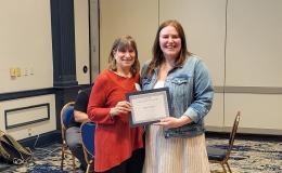 SSRI Director Deborah Ehrenthal poses with Above and Beyond Award winner, Mindi Weido,  Project Assistant at the Survey Research Center.